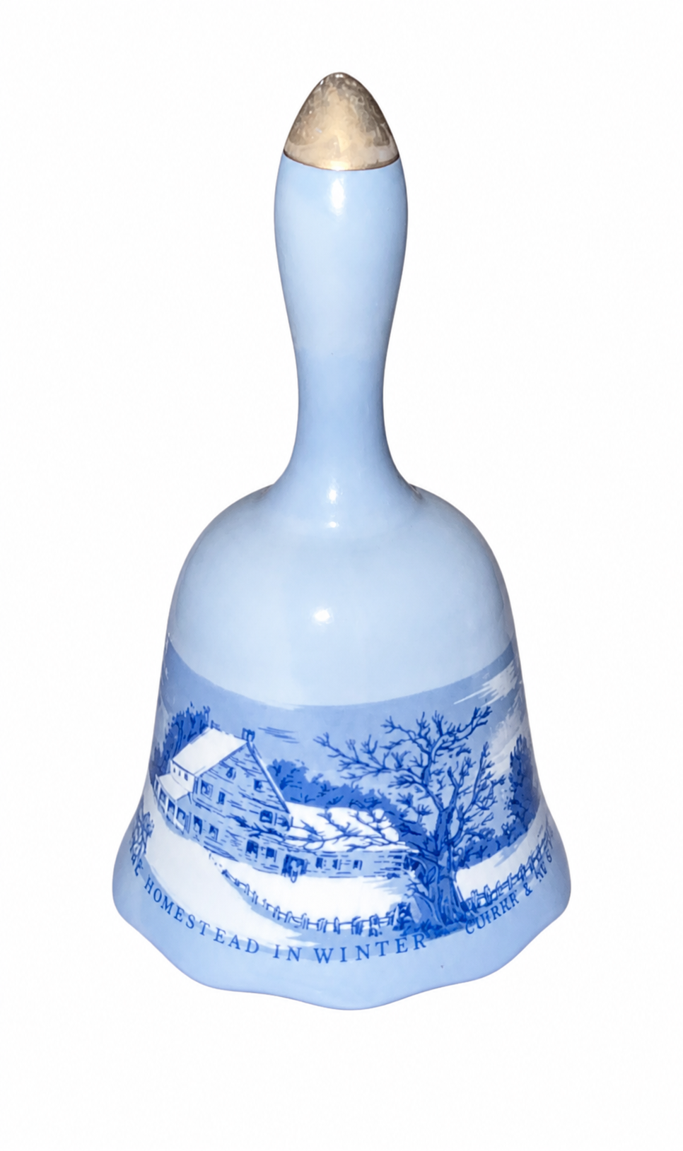 Vintage Blue & White Porcelain Winter Scene Bell Set of 2 Currier & Ives Style Decorative Bells
