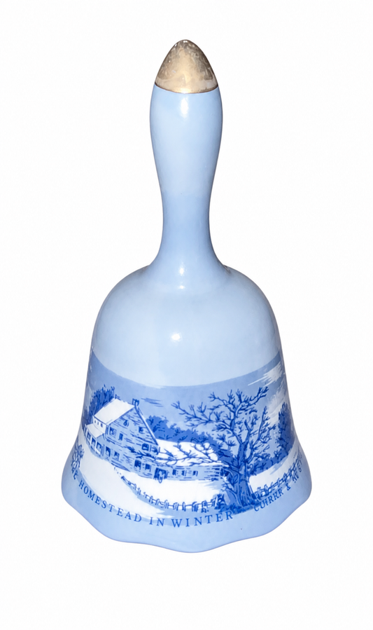 Vintage Blue & White Porcelain Winter Scene Bell Set of 2 Currier & Ives Style Decorative Bells