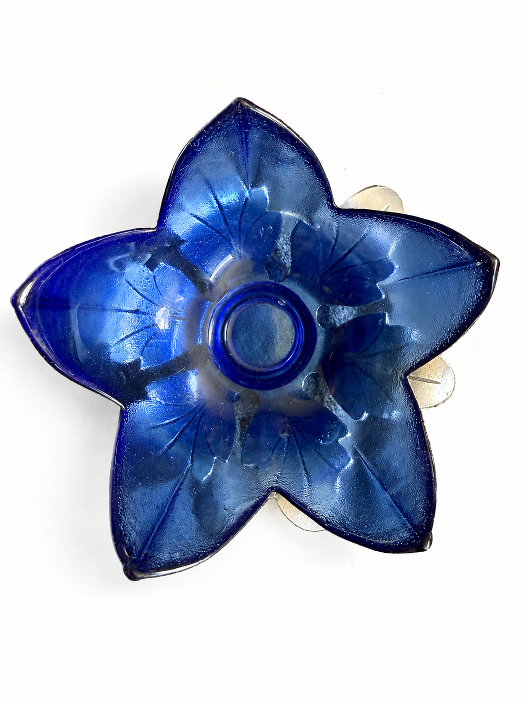 Vintage Fait Main Cobalt Blue Glass Flower Candle Holder with Metal Petals
