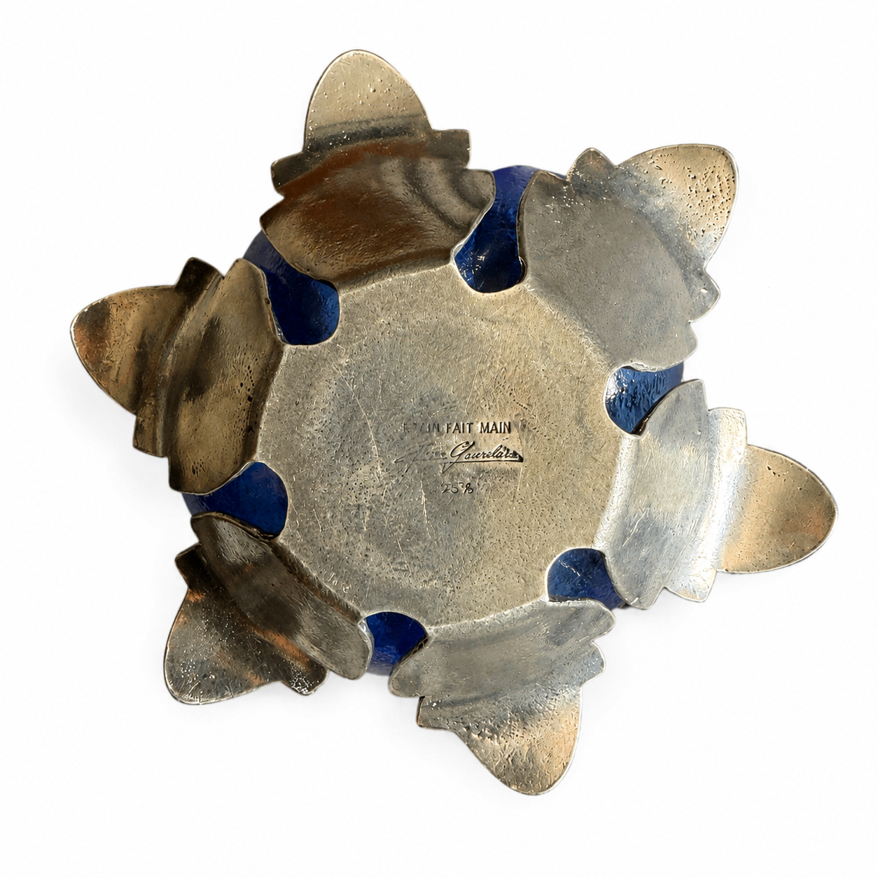 Vintage Fait Main Cobalt Blue Glass Flower Candle Holder with Metal Petals