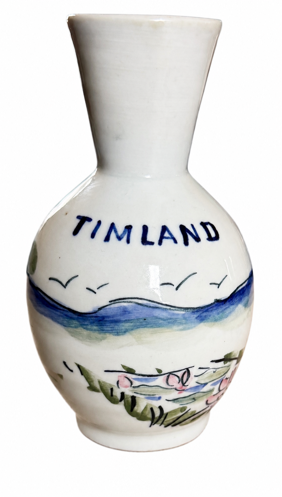 Vintage Hand Painted Timland Ceramic Vase Folk Art Landscape