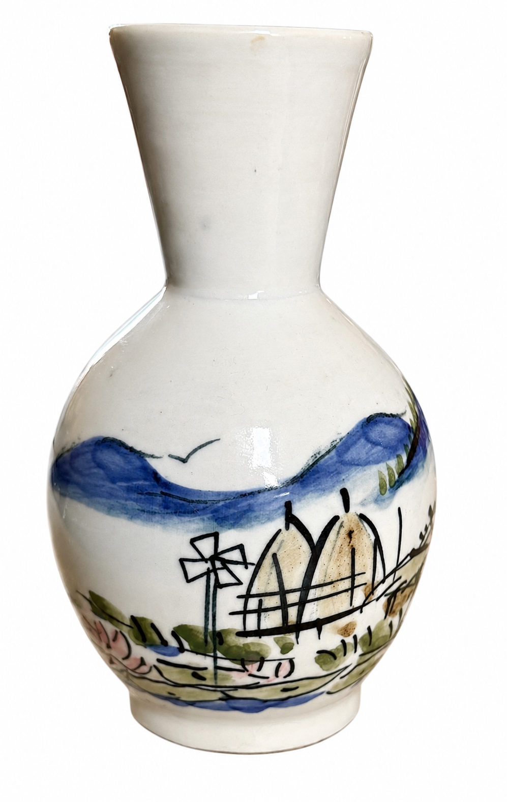 Vintage Hand Painted Timland Ceramic Vase Folk Art Landscape
