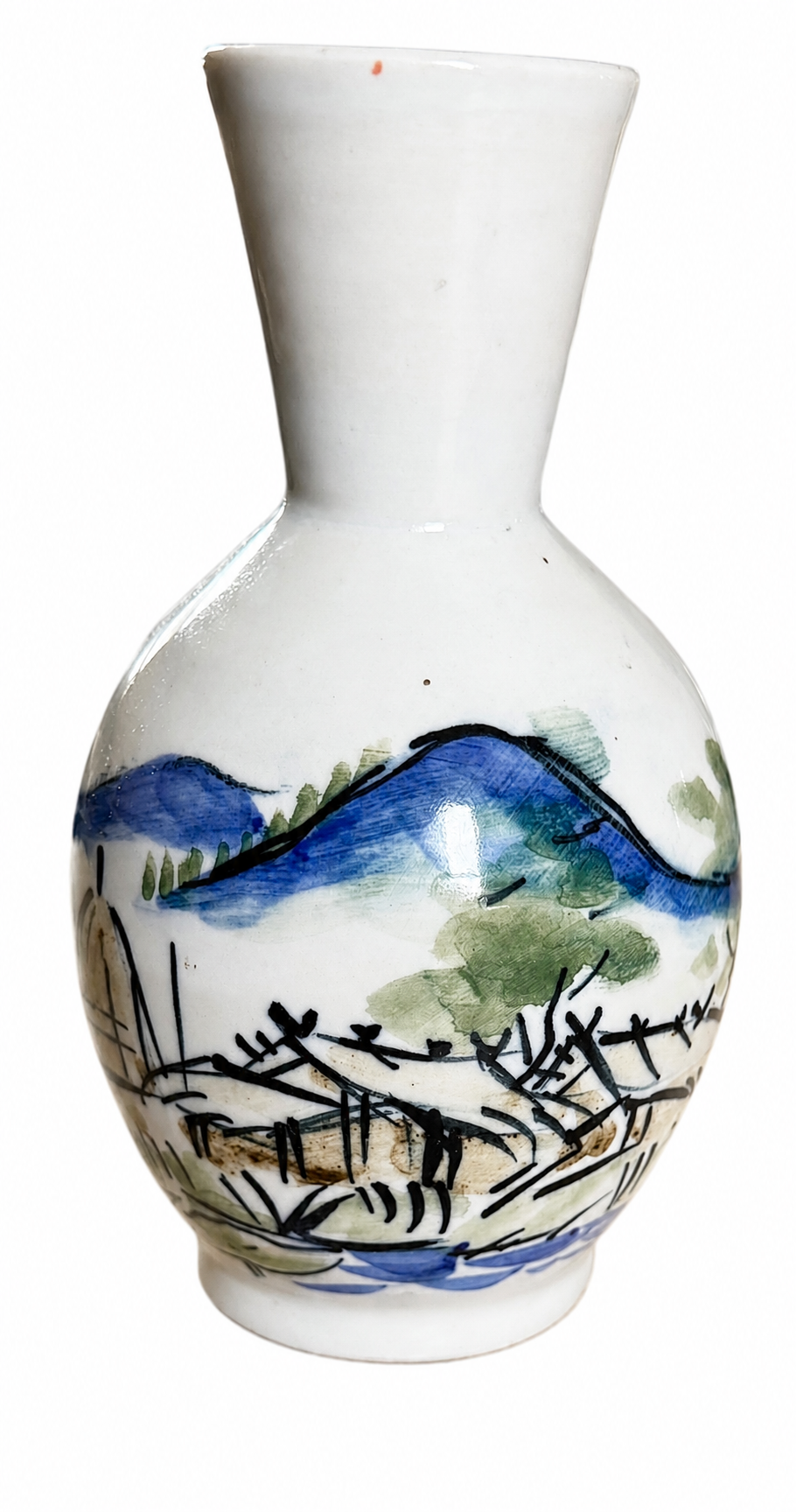 Vintage Hand Painted Timland Ceramic Vase Folk Art Landscape