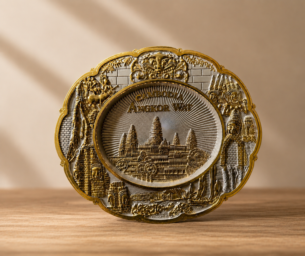 Vintage Angkor Wat Cambodia Souvenir Plate Metal Gold Silver Plaque