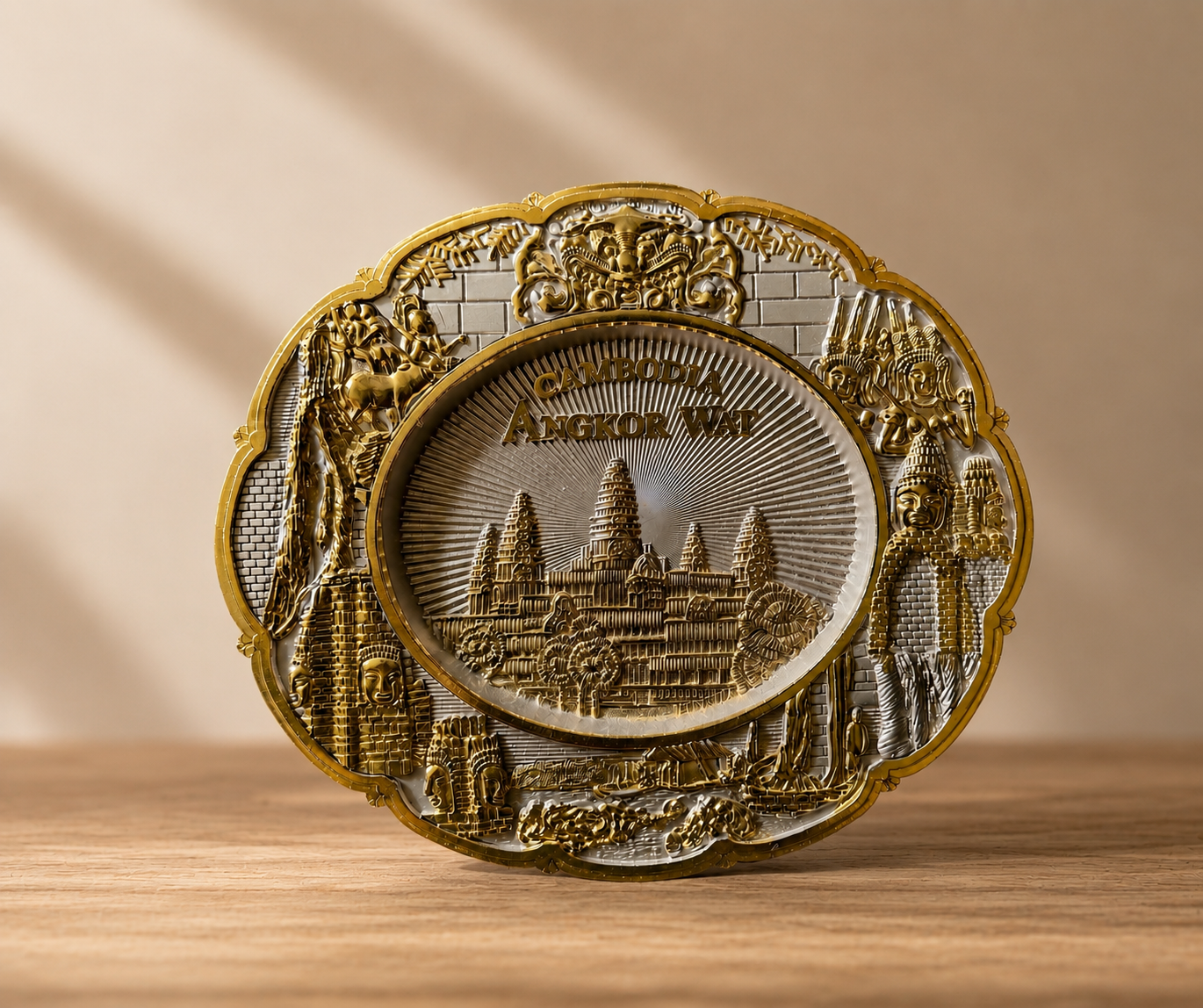 Vintage Angkor Wat Cambodia Souvenir Plate Metal Gold Silver Plaque