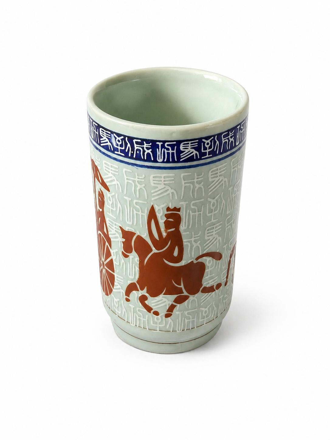 Vintage Celadon Chinese Porcelain Brush Pot Vase with Horse & Chariot Motif